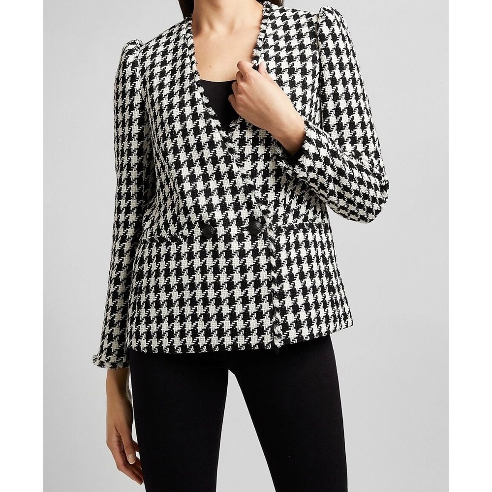 Express Houndstooth Double Breasted Blazer Jacket Womens L Tweed Black White